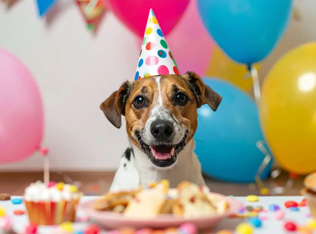 Dog celebrating National Dog Month with a mini dog party!
