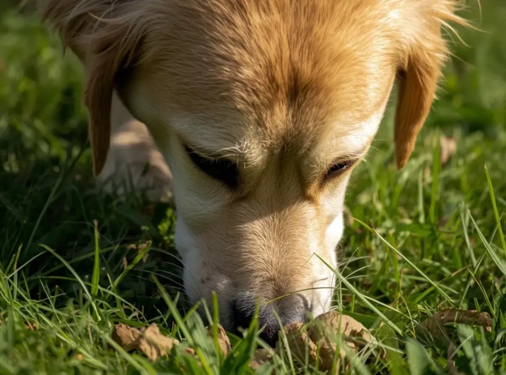 Dog sniffing ground during an enriching walk with owner.